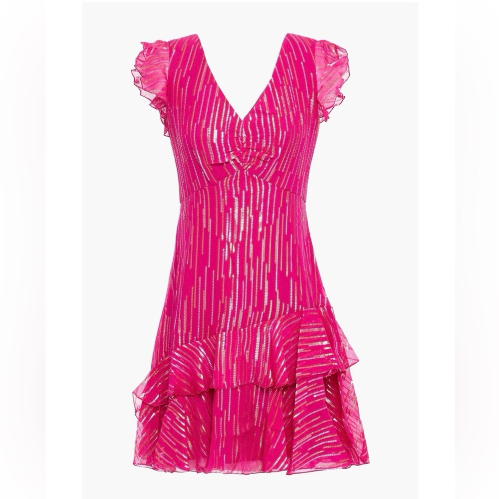 SALONI Ruffled metallic silk-blend jacquard mini dress
